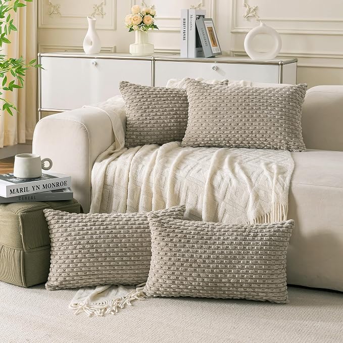 Set of 4 Taupe Decorative Throw Pillow Covers 12x20 Inch Corduroy Pillow Covers for Bed Couch Sofa Living Room Soft Cushion Cases