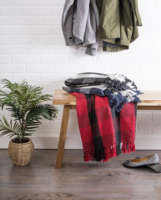 DII Buffalo Check Collection Rustic Farmhouse Throw Blanket with Tassles, 50x60, Black/White