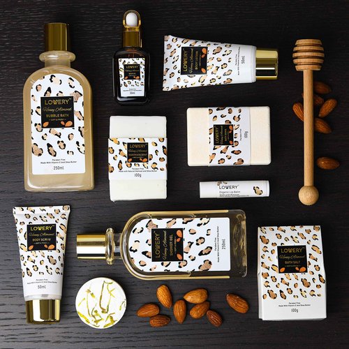 Christmas At-Home Spa Kit with Honey Almond Scent, Bath Gift Basket - Vit E-Rich Bath Essentials, Tumbler, Ear Candles, Bath Oil, Salts, Shower Steamer, Organic Lip Balm & More in Leopard Basket, 21