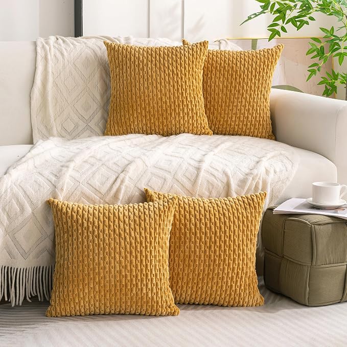 Set of 4 Mustard Yellow Decorative Throw Pillow Covers 22x22 Inch Corduroy Pillow Covers for Bed Couch Sofa Living Room Soft Square Cushion Cases