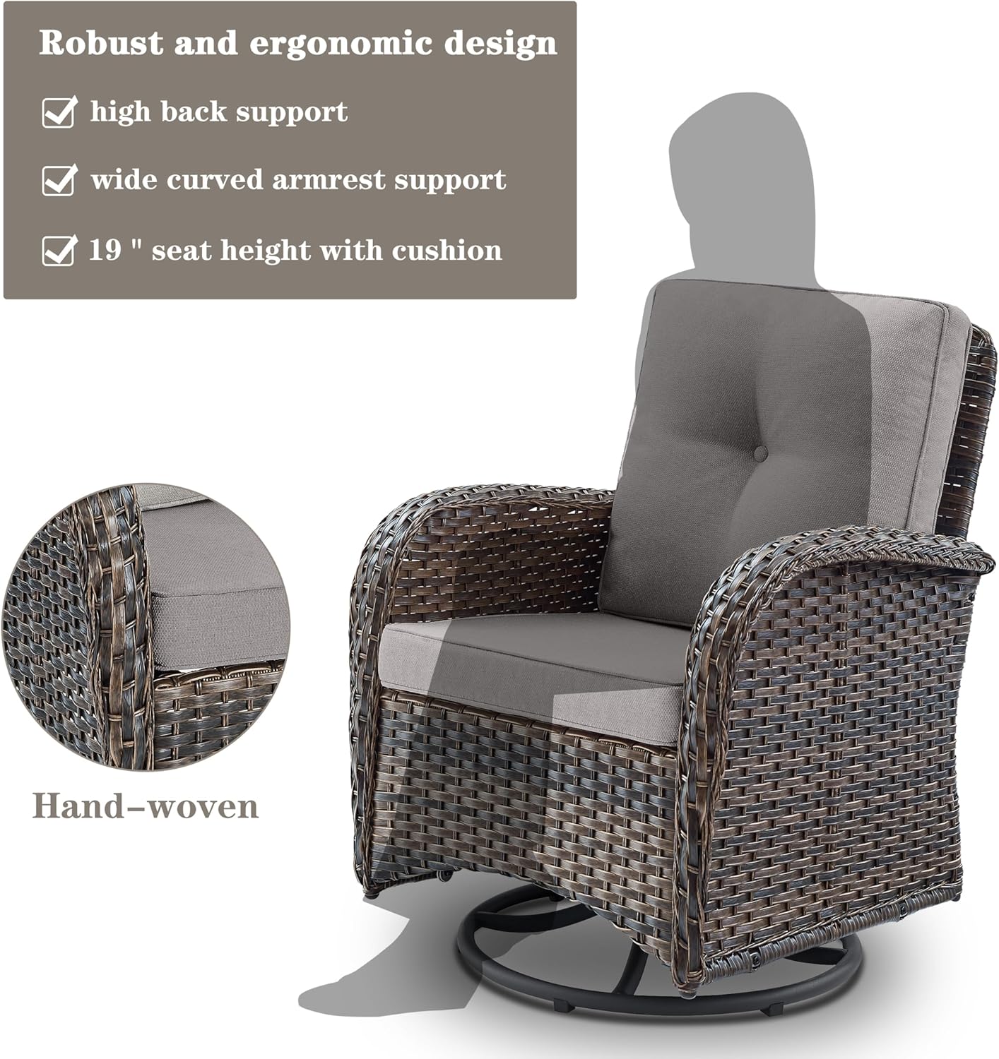 Small Conversation Sets Patio Funiture - 5 Piece Outdoor Swivel Rocker Wicker Furniture Sets with Ottomans Side Table Perfect for Patio Deck Backyard, Brown Wicker Grey Cushion