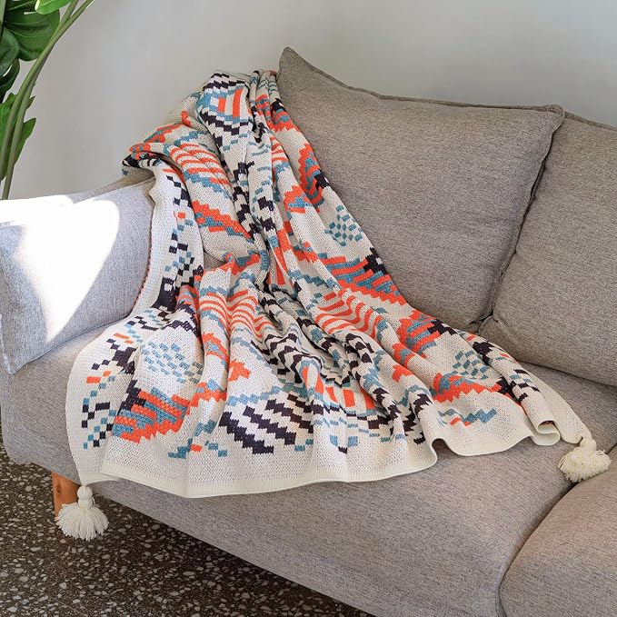 Blue Throw Blanket, Knitted Boho Throw Blankets with Tassels, Soft Colorful Throw Blanket for Sofa Couch Bed and Living Room, Blue&Orange (50x60 Inch)