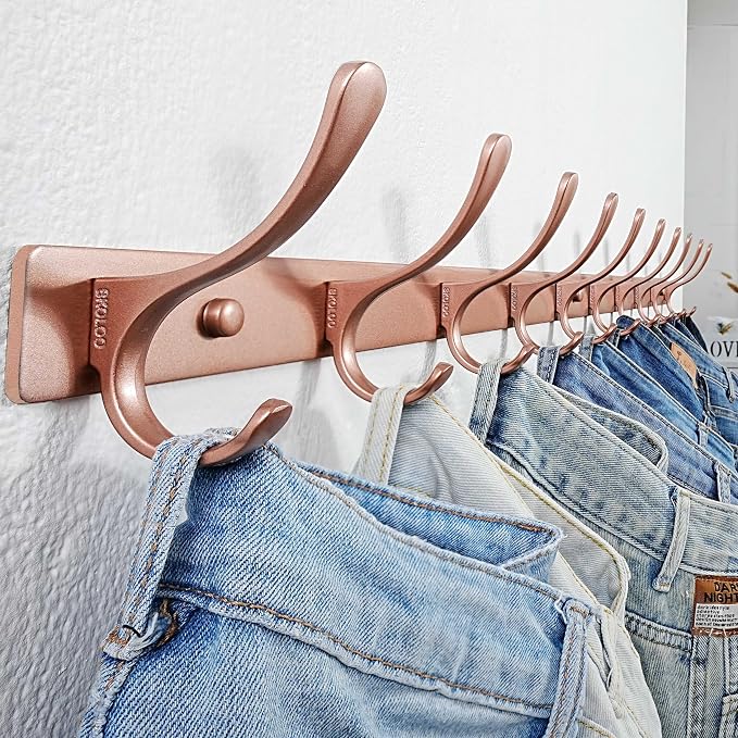 SKOLOO Wall Mounted Coat Rack - 10 Hooks, Pack of 2, Heavy Duty, Stainless Steel, Metal Wall Hanger, Sturdy Coat Hooks for Hanging Coats, Jackets, Clothes, Hats - Matte Rose Gold