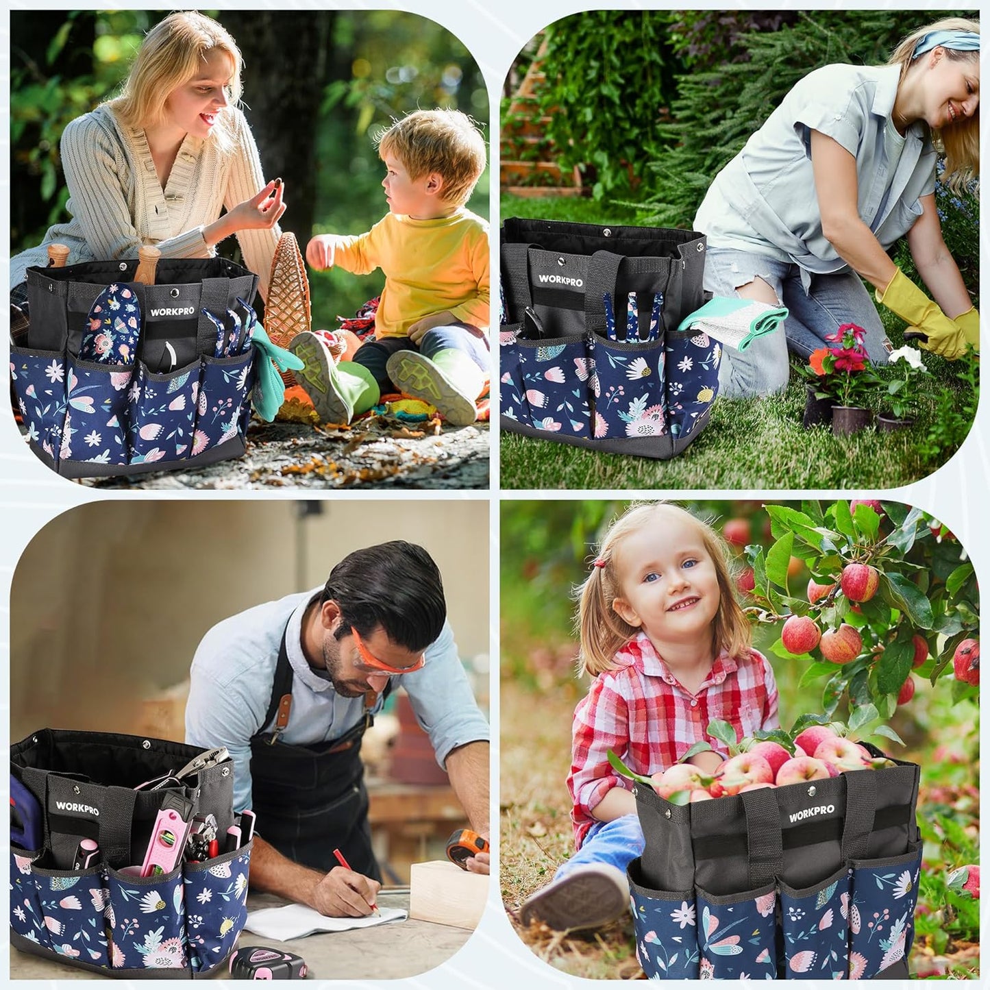 WORKPRO Garden Tool Bag, 9-Pocket Heavy Duty Oxford Tote Bag, Gardening Tool Kit Holder, 12" x 12" x 6" (Blue Insects)