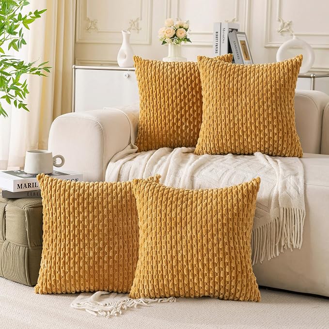 Set of 4 Mustard Yellow Decorative Throw Pillow Covers 26x26 Inch Corduroy Pillow Covers for Bed Couch Sofa Living Room Soft Square Cushion Cases
