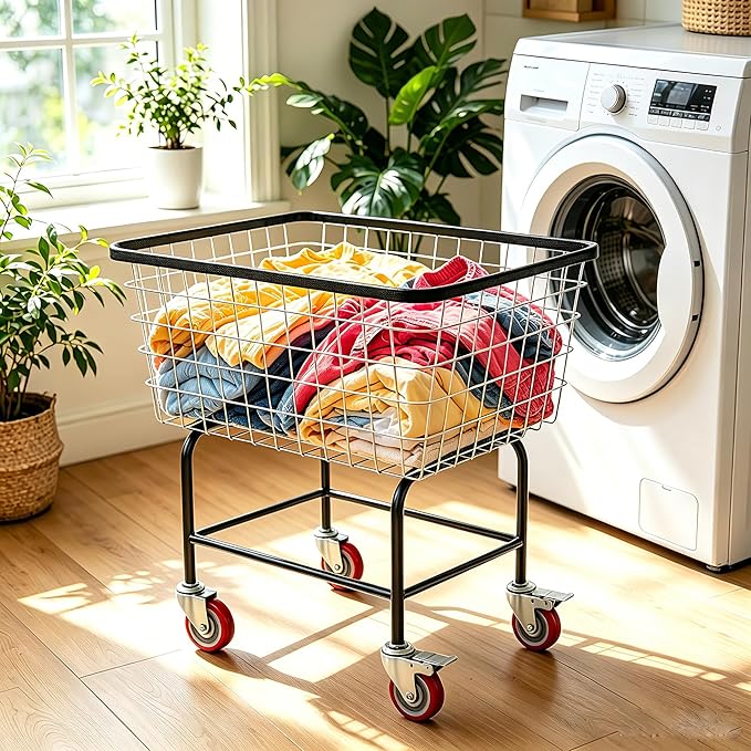 Extra-Large Rolling Laundry Cart with Wheels Holds 4 Washer Loads, Wire Laundry Basket, Heavy-Duty Steel Storage Basket with Galvanized Finish, for Commercial or Home Laundry
