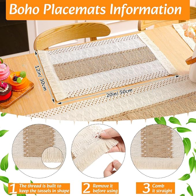 4 Sets Boho Decoration Placemats Round Woven Placemats, Cloth Napkins, Wood Bead Napkin Rings, Long Table Runner and Farmhouse Burlap Cotton for Table Kitchen (Khaki,12x72)