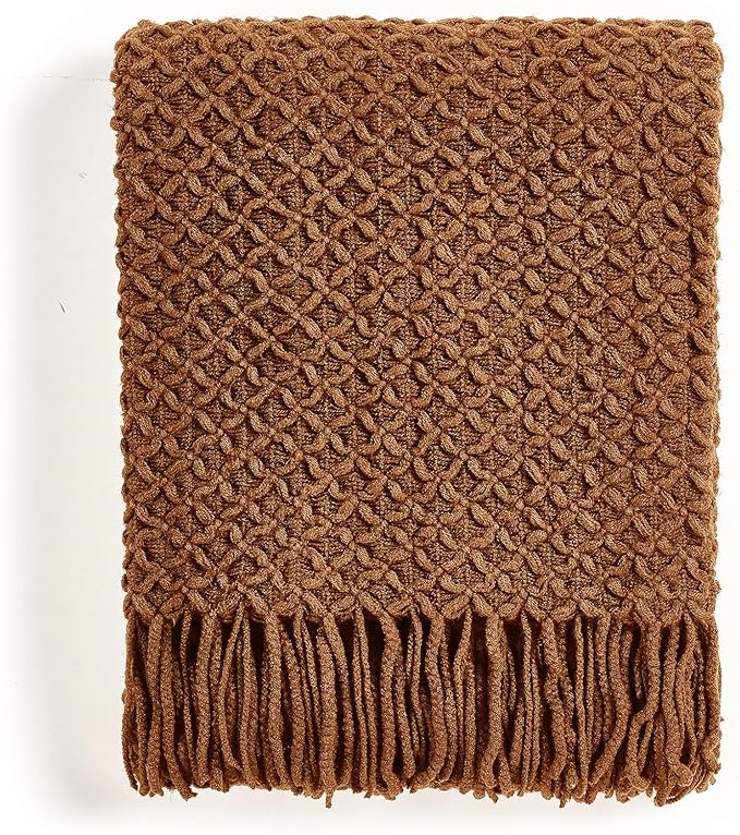 CREVENT Farmhouse Boho Knitted Throw Blanket for Couch Sofa Chair Bed Home Decoration, Soft Warm Cozy Light Weight for Spring Summer Fall (50''X60'' Light Brown)