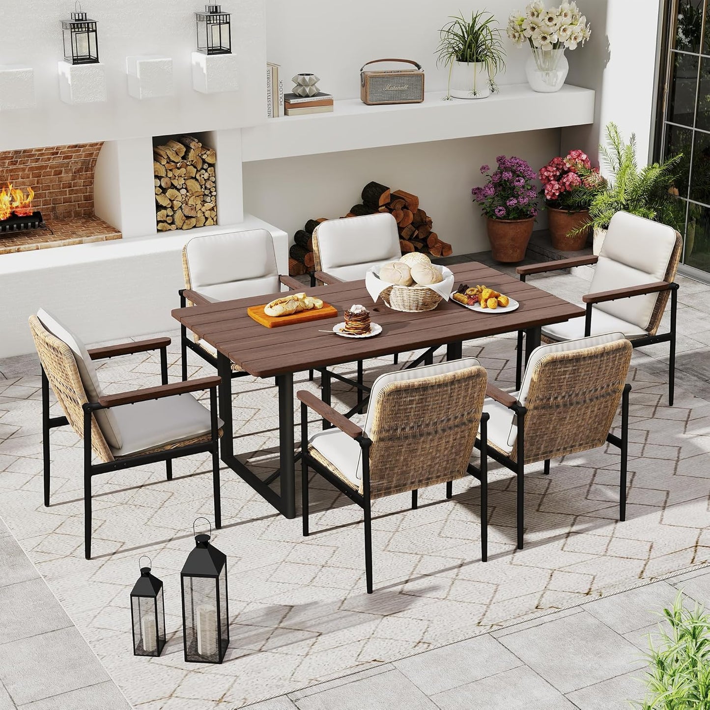 HAPPATIO Outdoor Acacia Wood Dining Table, 6-Person Patio Dining Table with Powder-Coated Aluminum Frame, Rectangle Outdoor Dining Table with Umbrella Hole for Deck Yard Garden