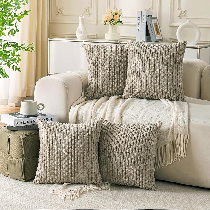 Set of 4 Taupe Decorative Throw Pillow Covers 26x26 Inch Corduroy Pillow Covers for Bed Couch Sofa Living Room Soft Square Cushion Cases