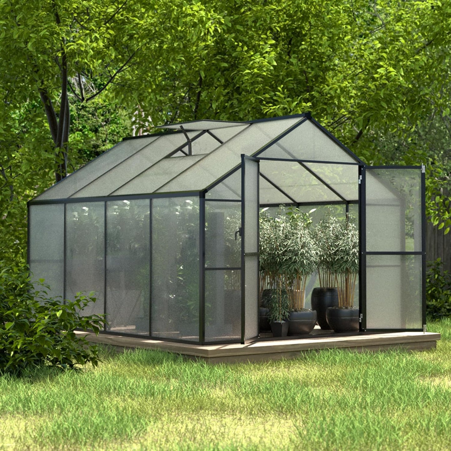 8x8 FT Outdoor Greenhouse Kit, Polycarbonate Aluminum Walk-in Greenhouse with Adjustable Roof Vent and Lockable Door, Backyard Garden in Winter, Gray
