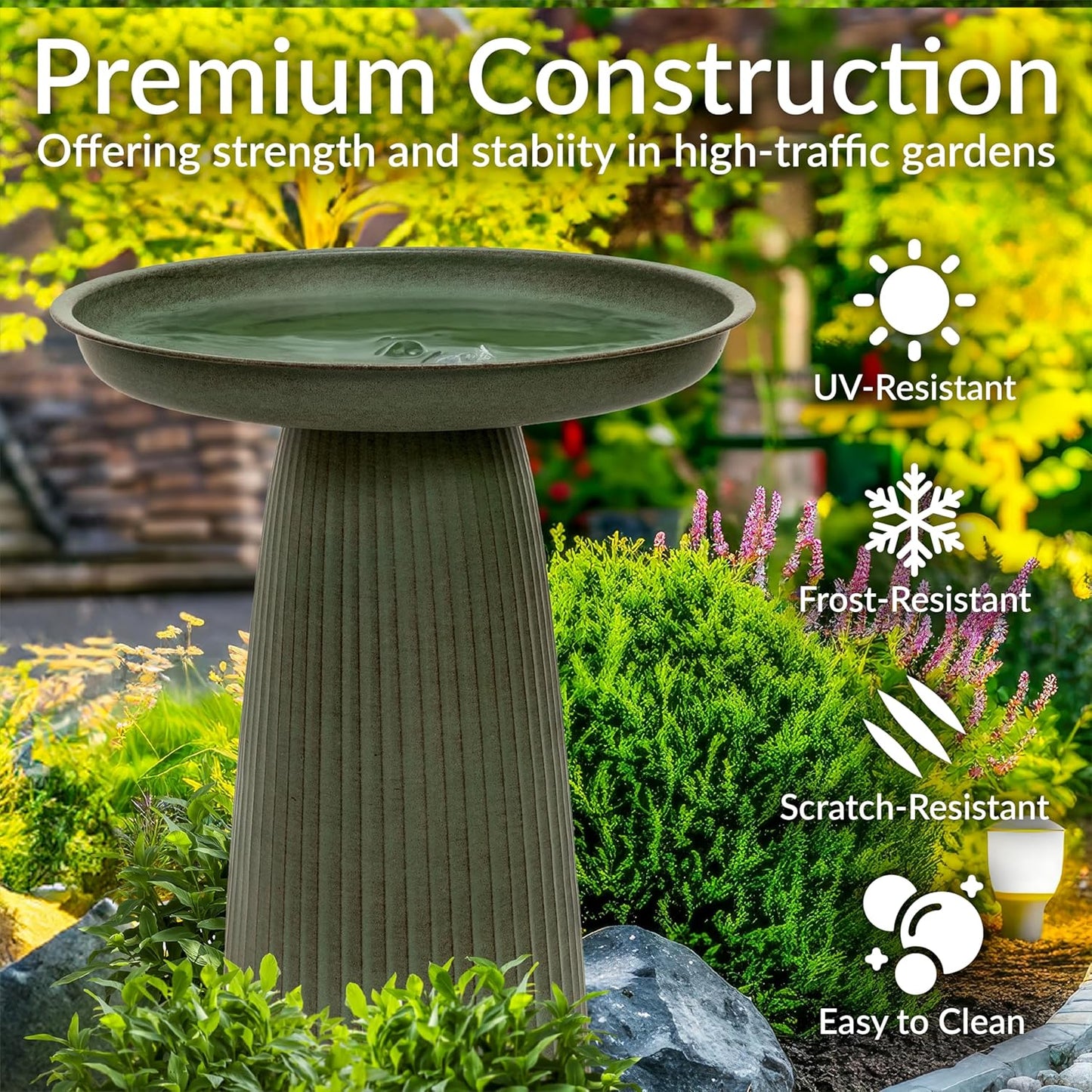 Sunnydaze Gleeful Garden Metal Bird Bath for Outdoors - Large Decorative Iron Birdbath - 23-Inch - Matte Green