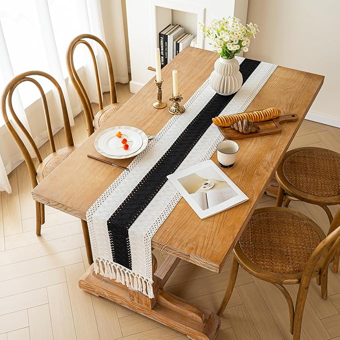 FEXIA Boho Table Runner for Summer Home Decor with Tassels 90 Inches Long Farmhouse Rustic Black Gothic Table Runner Macrame Gothic Burlap Table Decoration for Kitchen Living Room (12x90 Inches)