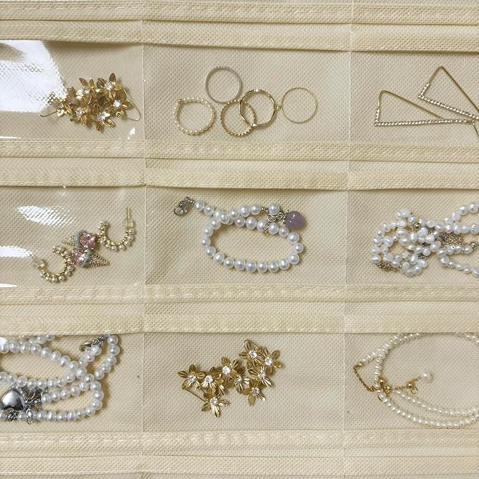 2 Pack Hanging Jewelry Organizer 80-Pocket Dual-sided Jewelry Storage for Earring Necklace Bracelet Ring Travel Holder, White and Beige