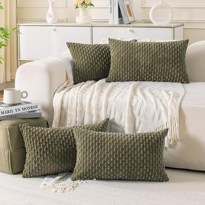 Set of 4 Olive Green Decorative Throw Pillow Covers 12x20 Inch Corduroy Pillow Covers for Bed Couch Sofa Living Room Soft Cushion Cases