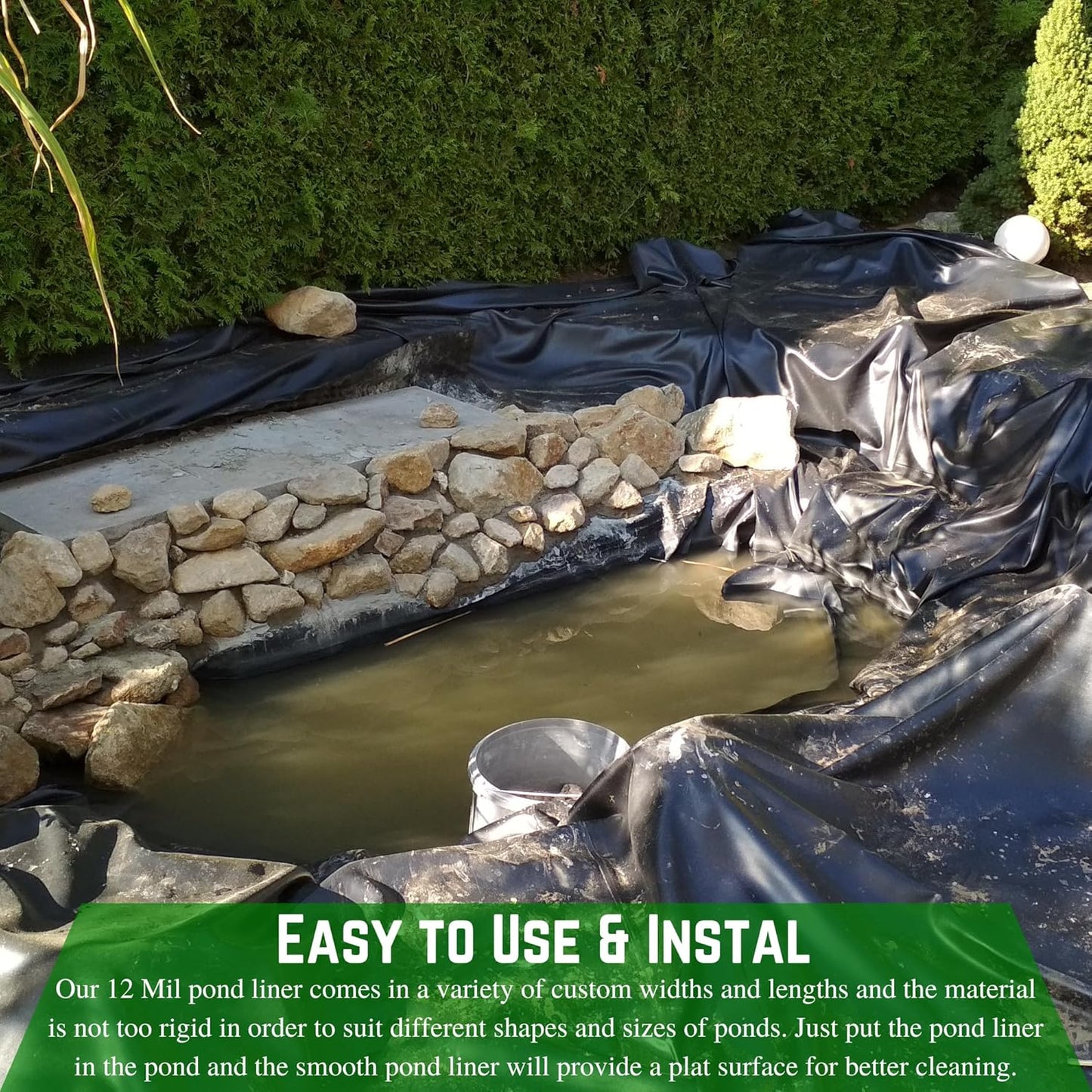 Farm Plastic Supply - 12 Mil String Reinforced Black/White Pond Liner - 12 Mil Fish Pond HDPE Liner, Pond Liners for Outdoor Ponds, Koi Ponds, Garden Fountain, Containment Liner (12' x 10')