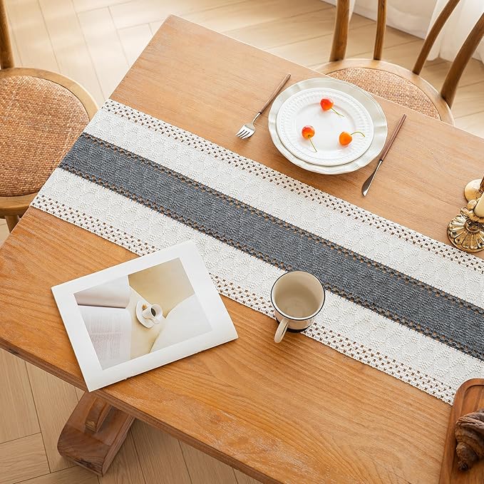 FEXIA Boho Table Runner for Summer Home Decor with Tassels 90 Inches Long Farmhouse Grey Rustic Burlap Table Runner Macrame Table Decoration for Kitchen Bedroom Living Room (12x90 Inches)
