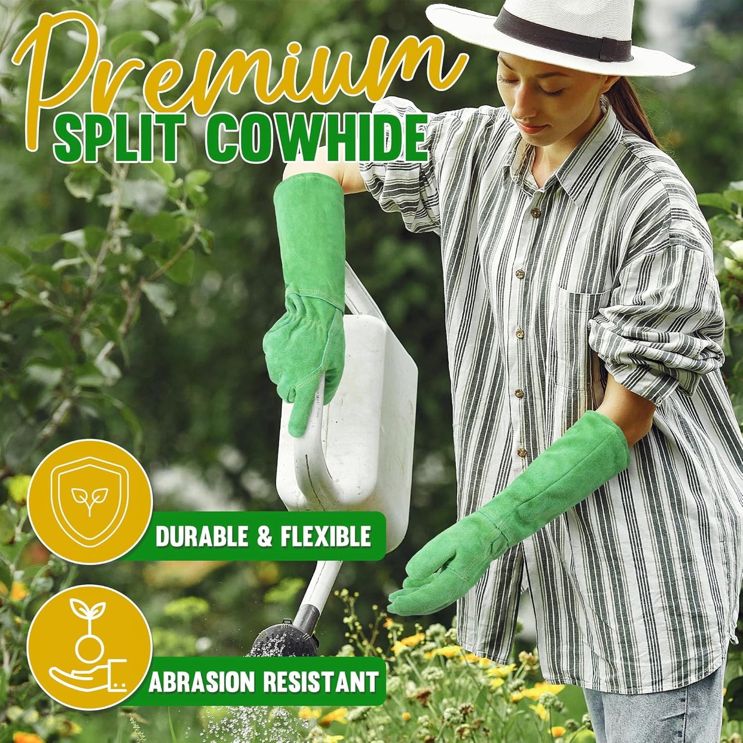 HANDLANDY Leather Gardening Gloves, Thorn Proof Long Gauntlet Heavy Duty Garden Gloves, Elbow Length Rose Pruning Weeding Yard Glove (Large, Green)