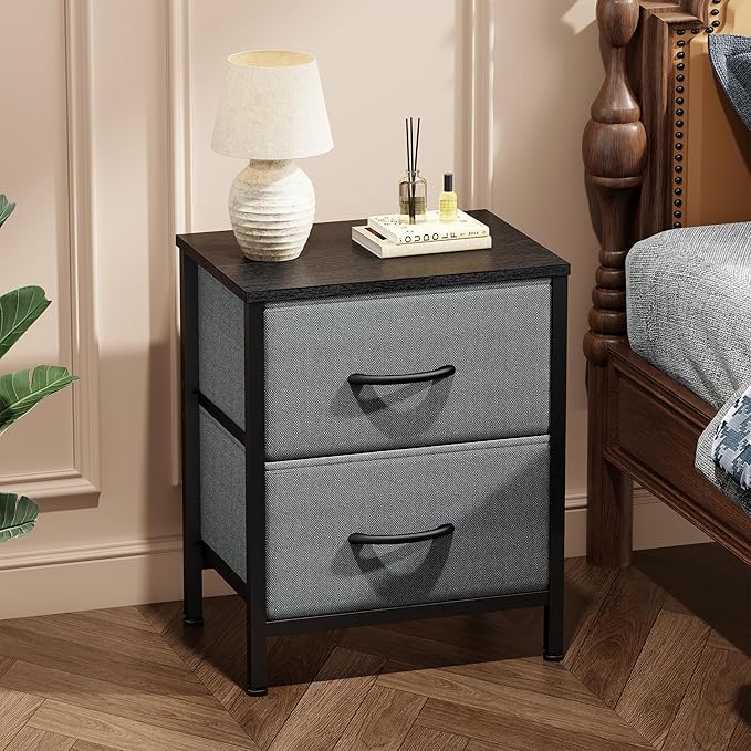 Sweetcrispy Nightstand with 2 Storage Drawers, 20" Height End Tabl Small Bed Side Furniture, Wooden Top Fabric Cabinet Kids Night Stand Mini Dresser for Bedroom, Closet, Entryway, College Dorm