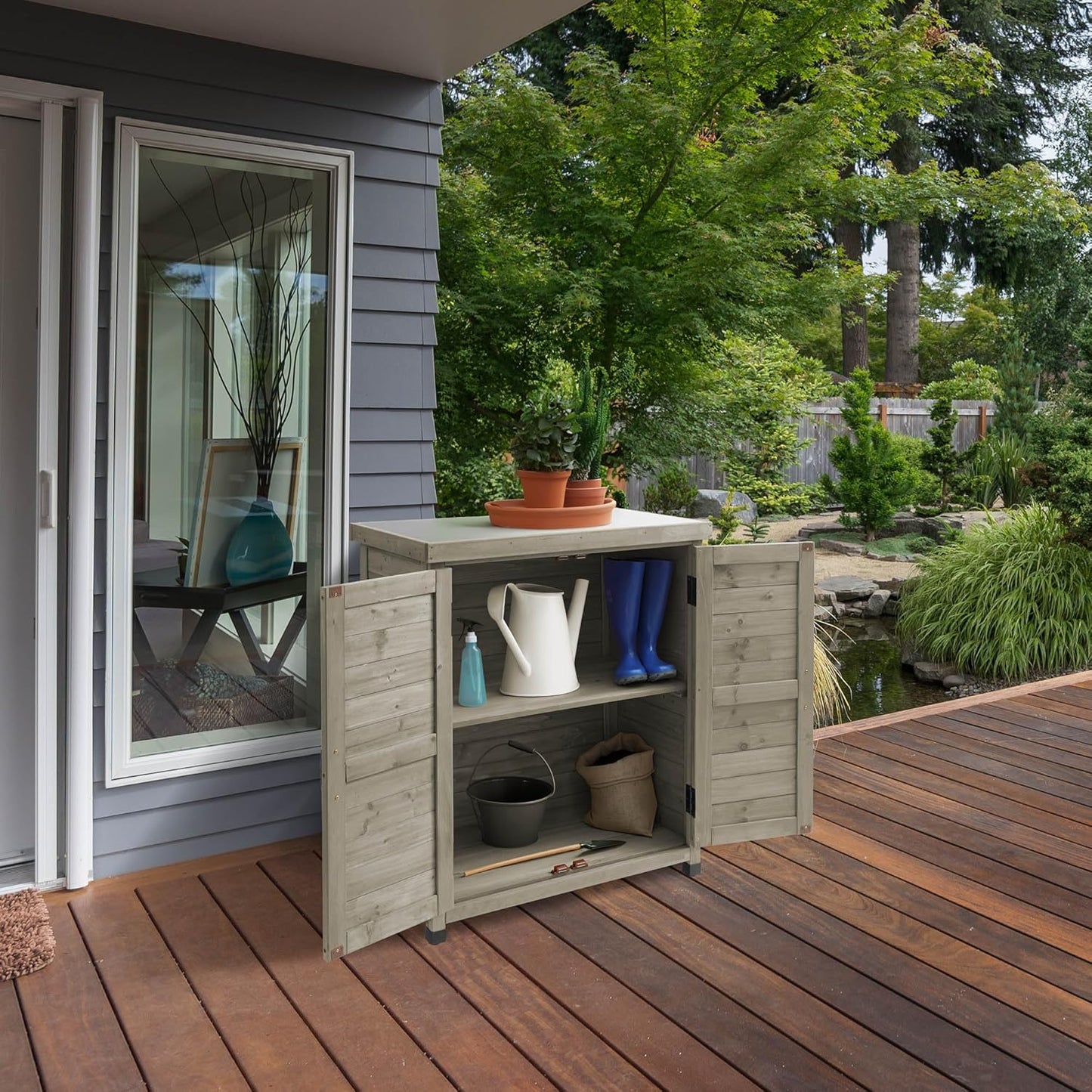 Casafield Outdoor Garden Potting Bench with Metal Tabletop and Storage Cabinet - Wooden Outdoor Garden Patio Workstation Table, Gray