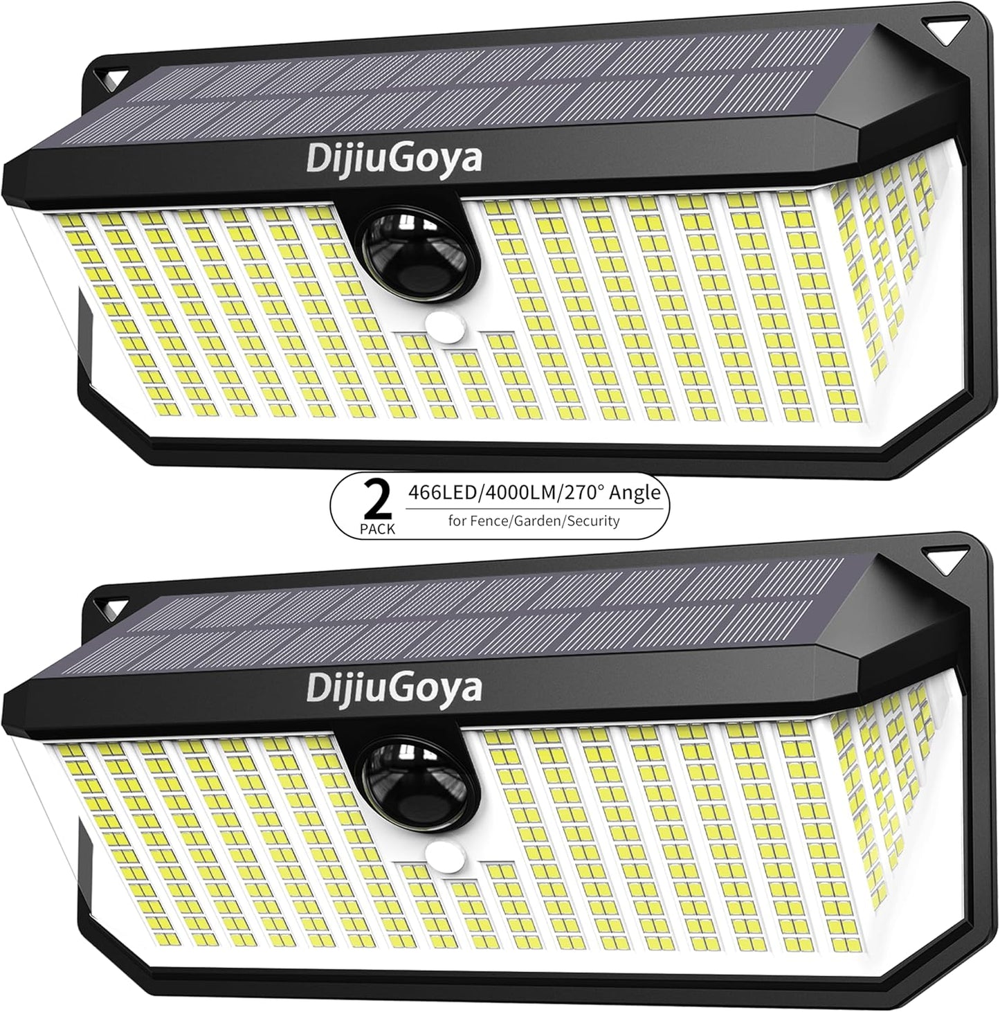 466LED 4000Lm Solar Lights Outdoor Waterproof for Security, 270° Angle & 3 Lighting Modes Motion Sensor Outdoor Lights IP68 Solar Light for Fence Garden Backyard Flood Dusk Garage 2pack