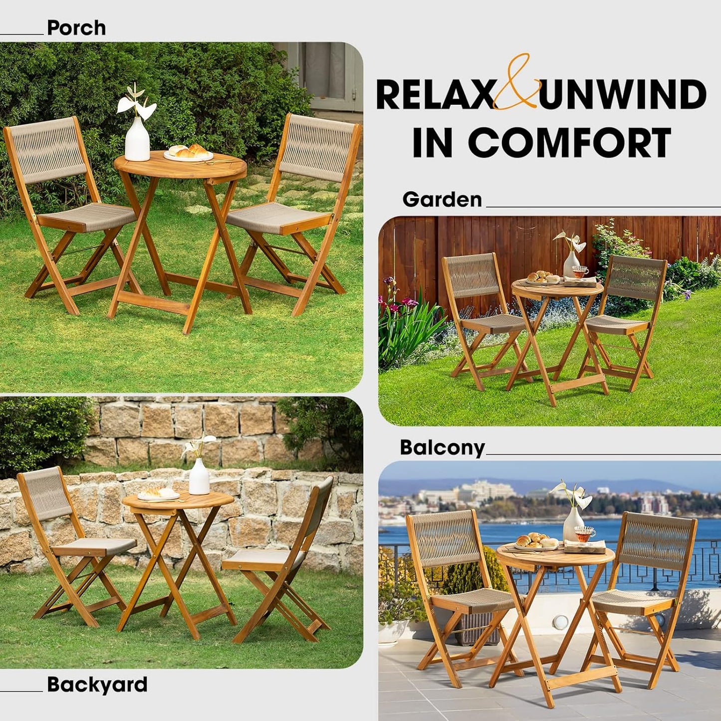 IDZO Wood Rope Design Heavy Duty 400lbs Capacity Patio Bistro Set 3 Piece Outdoor, Folding Chairs with Elegant
