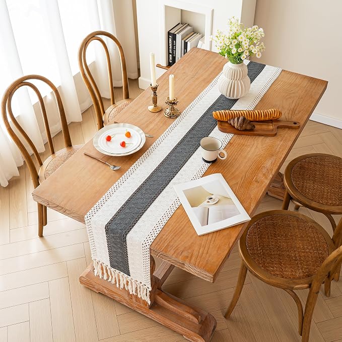 FEXIA Boho Table Runner for Summer Home Decor with Tassels 60 Inches Long Farmhouse Grey Rustic Burlap Table Runner Macrame Table Decoration for Kitchen Bedroom Living Room (12x60 Inches)