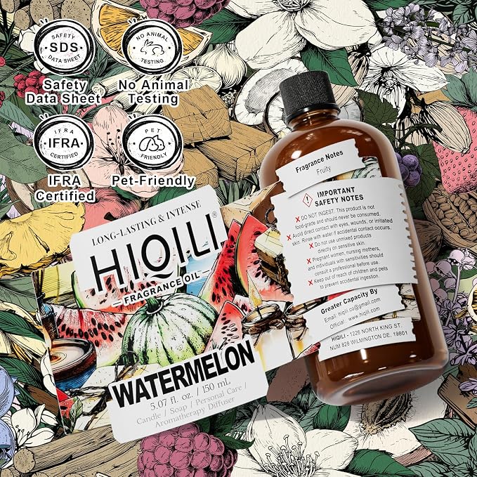 HIQILI Watermelon Fragrance Oil for Candle & Soap Making, DIY Fruity Perfume, Bath Bombs, Long-Lasting Diffuser Oil, Skin Care - 5.07 Fl Oz