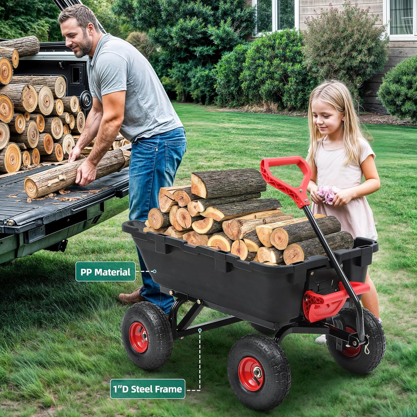 800lbs Garden Dump Cart, Heavy Duty Yard Dump Wagon with 10" Pneumatic Tires, Utility Wheelbarrow cart for Yard, Farm and Garden