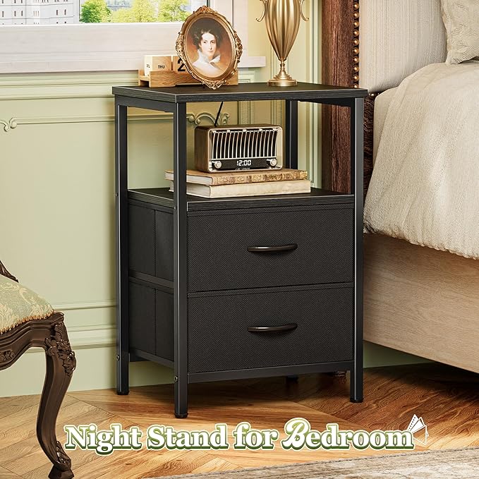Huuger Night Stand Set of 2, Nightstand with 2 Drawers, Bed Side Table with Open Shelf, Wooden Top, End Table, Fabric Drawer, for Bedroom, Black