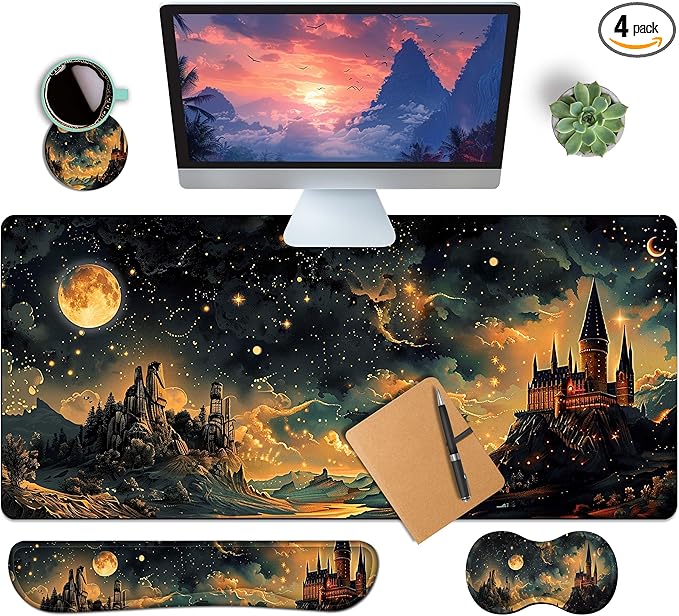 4-Piece Extended Large Mouse Pad Set for Women Men with Castle Night Design Includes 35.4 x 15.7 XXL Large Mouse Pad Keyboard Wrist Rest Mouse Wrist Support and Coaster for Office Home