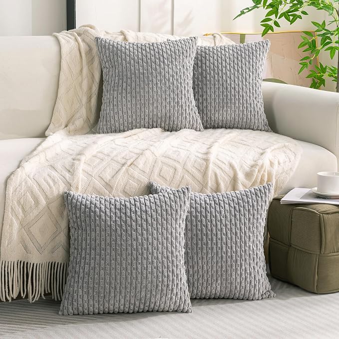 Set of 4 Grey Decorative Throw Pillow Covers 20x20 Inch Corduroy Pillow Covers for Bed Couch Sofa Living Room Soft Square Cushion Cases
