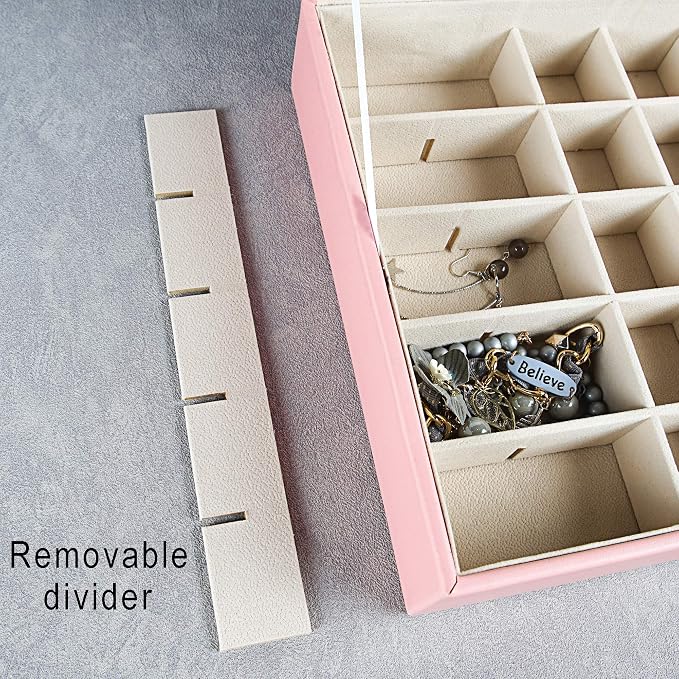 Frebeauty Earring Organizer Classic Jewelry Box 50 Slots Double Layer Jewelry Storage Case with 6 Necklace Hook and Bracelet Pocket(Pink)