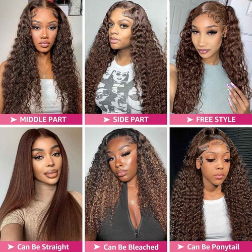 MXTQO Deep Wave Lace Front Wigs Human Hair Chocolate Brown 13x6 HD Lace Front Wigs Pre Plucked Deep Curly Wigs Wet and Wavy Human Hair Frontal Wigs with Baby Hair 200% Density
