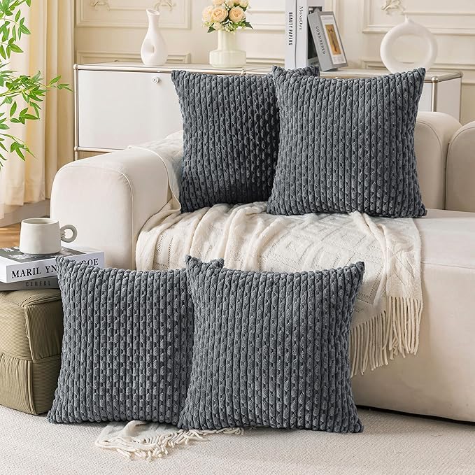 Set of 4 Medium Grey Taupe Decorative Throw Pillow Covers 26x26 Inch Corduroy Pillow Covers for Bed Couch Sofa Living Room Soft Square Cushion Cases