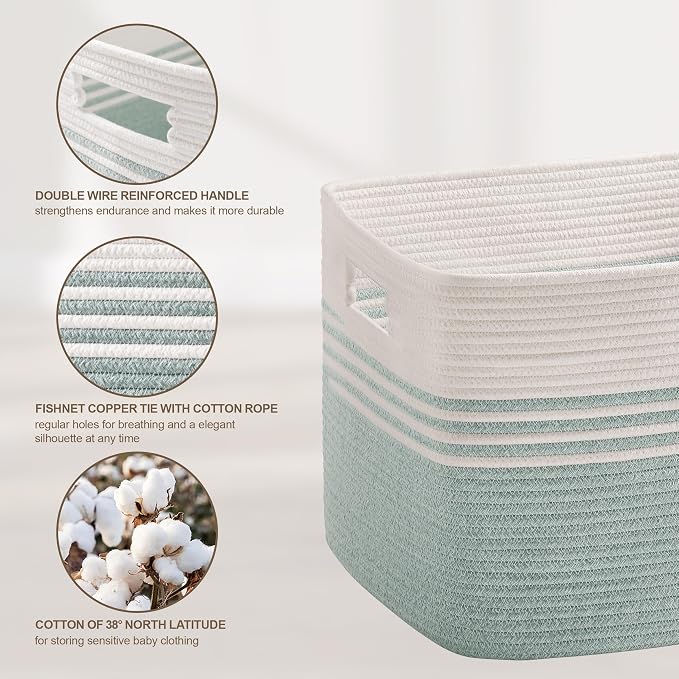 100L Extra Large Laundry Basket for Living Room Storage,Woven Rope Baskets for Blanket,Kids Toy,Gifts,Wicker Hamper for Bedroom Dirty Clothes,24"x16"x16" White Green