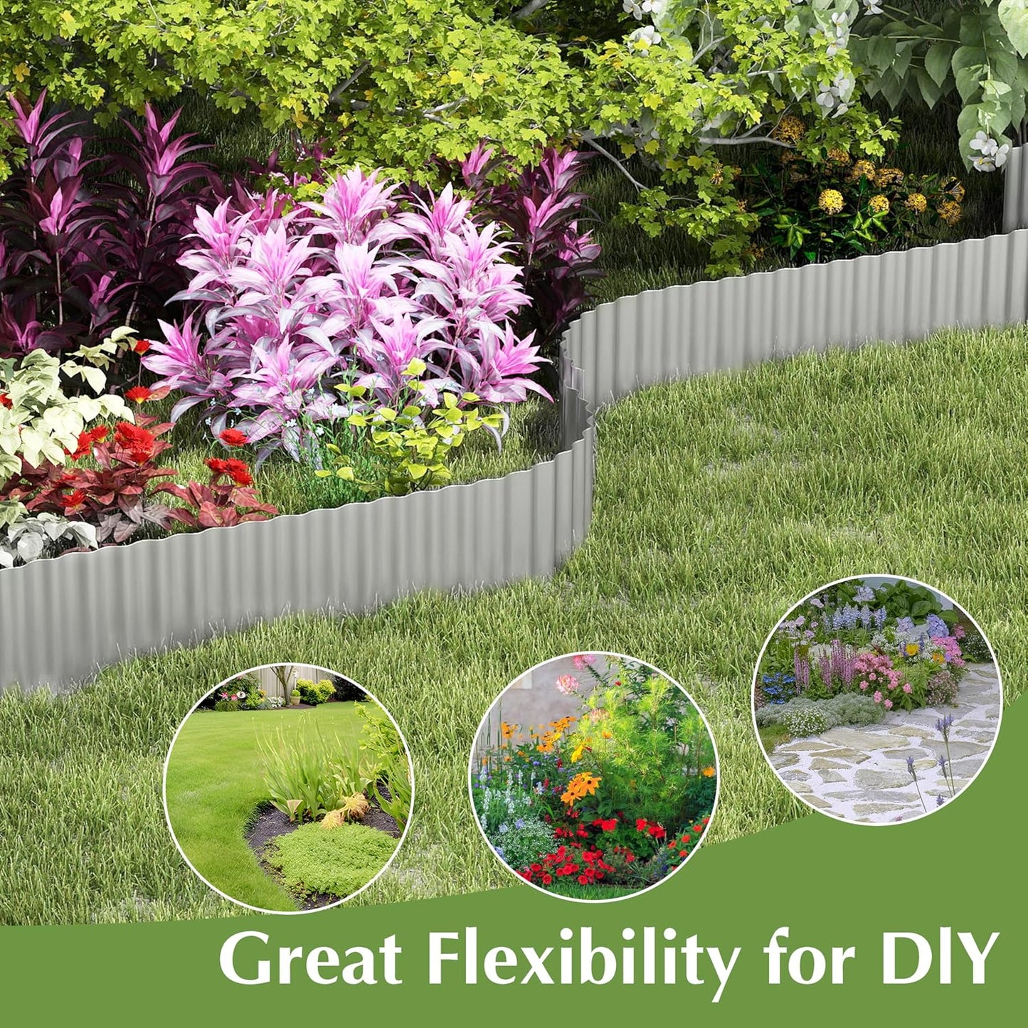 Metal Garden Edging Border, Corrugated Steel Landscaping, DIY for Lawn (Silver, 10 Inch x 10FT)