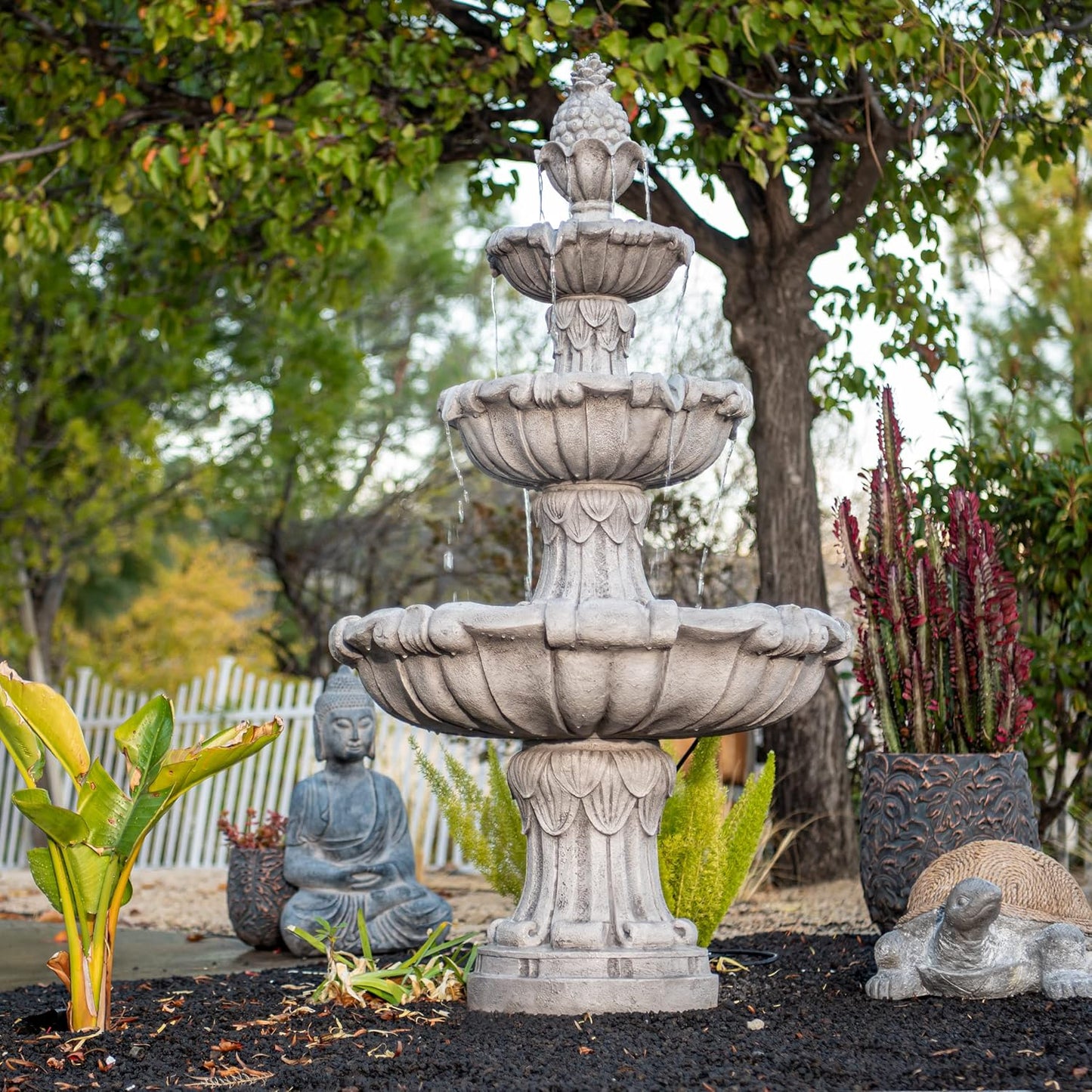 XBrand 58.3" 3-Tier Outdoor Water Fountain – Freestanding Classic Leaf Design with Bird Bath, Pump & Large Water Capacity – Garden, Yard, Lawn, or Patio Décor