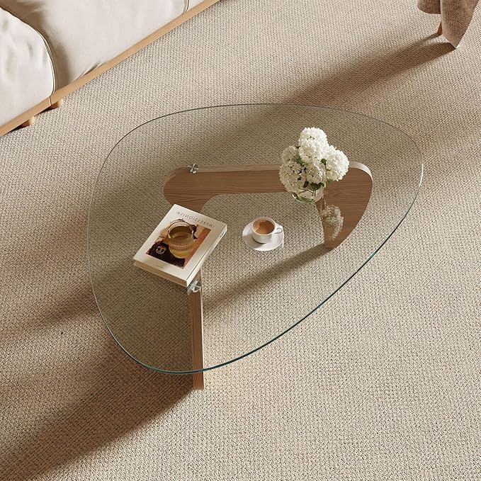Modern Coffee Table for Living Room and Small Spaces, 43.3" x 29.5" x 15.8" Triangle Tempered Glass Table Top and Eco-Friendly Solid Wood Base, Natural Wood