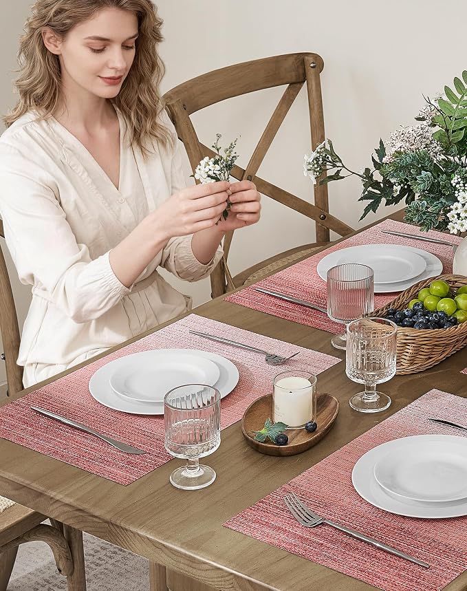 Leetaltree Gradient Pink Woven Placemats Set of 12 - Heat Resistant Non-Slip Place mats for Dining Table, Washable Durable PVC Vinyl Woven Table Mats(Gradient Pink, 12)