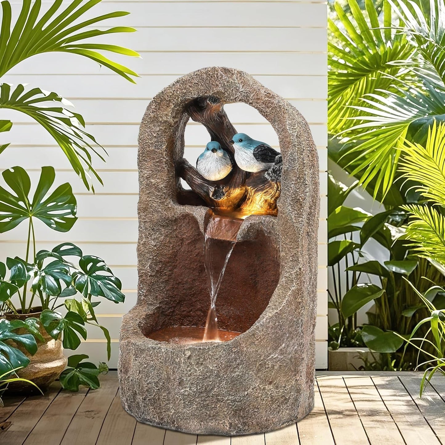 27" 2-Tier Bird Outdoor Water Fountain with Lights, Natural Zen Garden Fountain, Relaxing Waterfall Floor, Yard, Porch or Deck Decor, Whether-Resistant, Faux Granite Texture