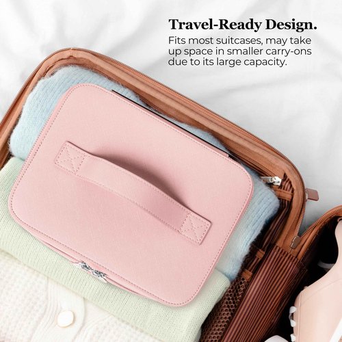 ZEVGANI Vanity Case Leather Makeup Bag with Mirror, Large Travel Toiletry Bag Make up Cosmetic Organizer Dual Compartments Brush Storage & Removable Divider for Full-Size Toiletries Skincare, Pink