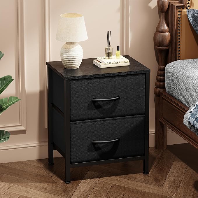 Sweetcrispy Nightstand Set of 2 with 2 Storage Drawers, 20" Height Small Bed Side Furniture End Table, Wooden Top Fabric Cabinet Kids Mini Dresser for Bedroom, Closet, Entryway, College Dorm, Black