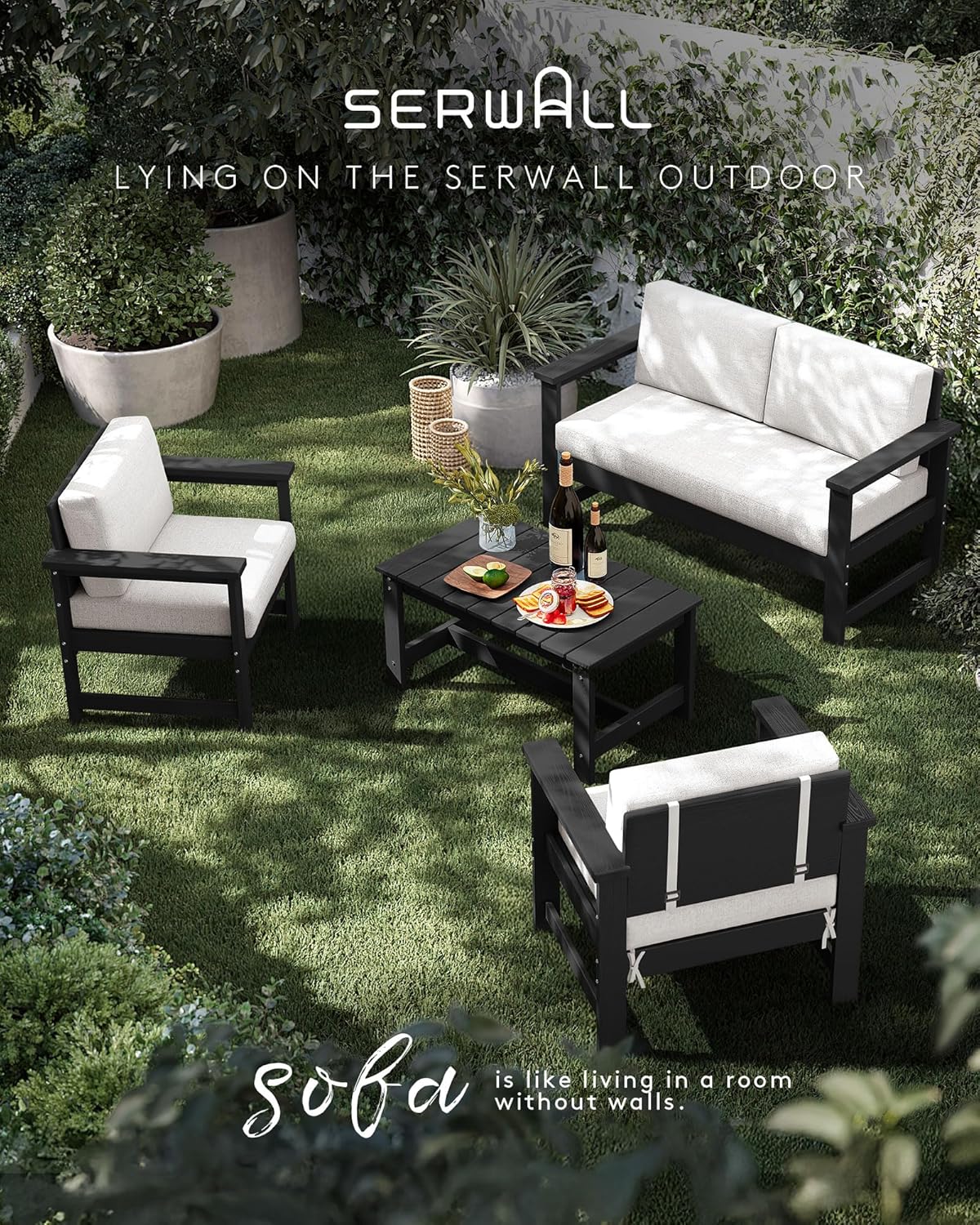 SERWALL 5 Pieces HDPE Outdoor Conversation Sofa Set with Cushions, All Weather Use Patio Couch Loveseat Furniture with Coffee Table, Black Frame with Khaki Cushions