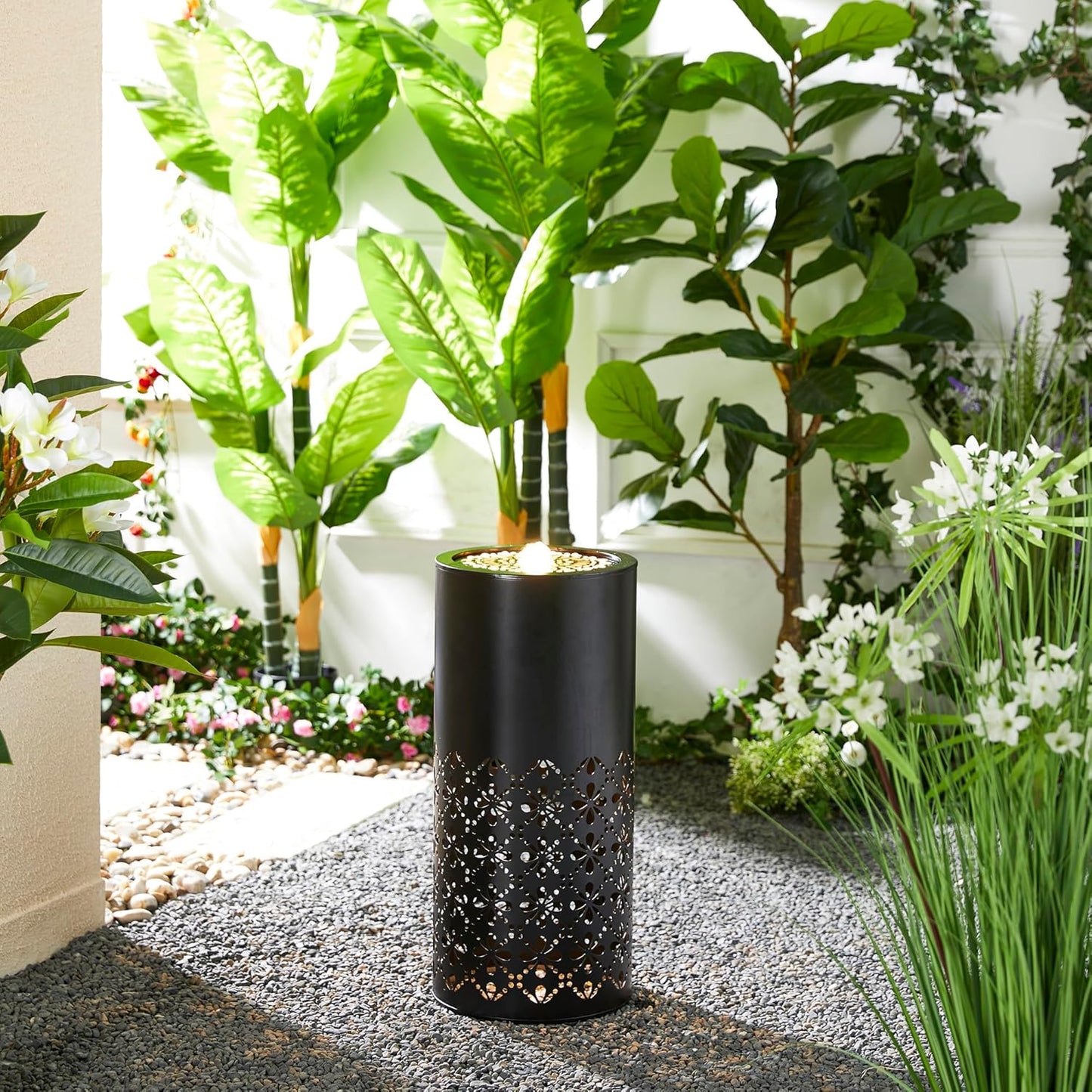 Glitzhome Modern Metal Cutout Water Fountain with Pump, Adapter and LED Light, Black Cutout Bird Bath Garden Outdoor Fountain and Waterfalls, Freestanding Fountains for Patio Backyard Decor, 23.5''H