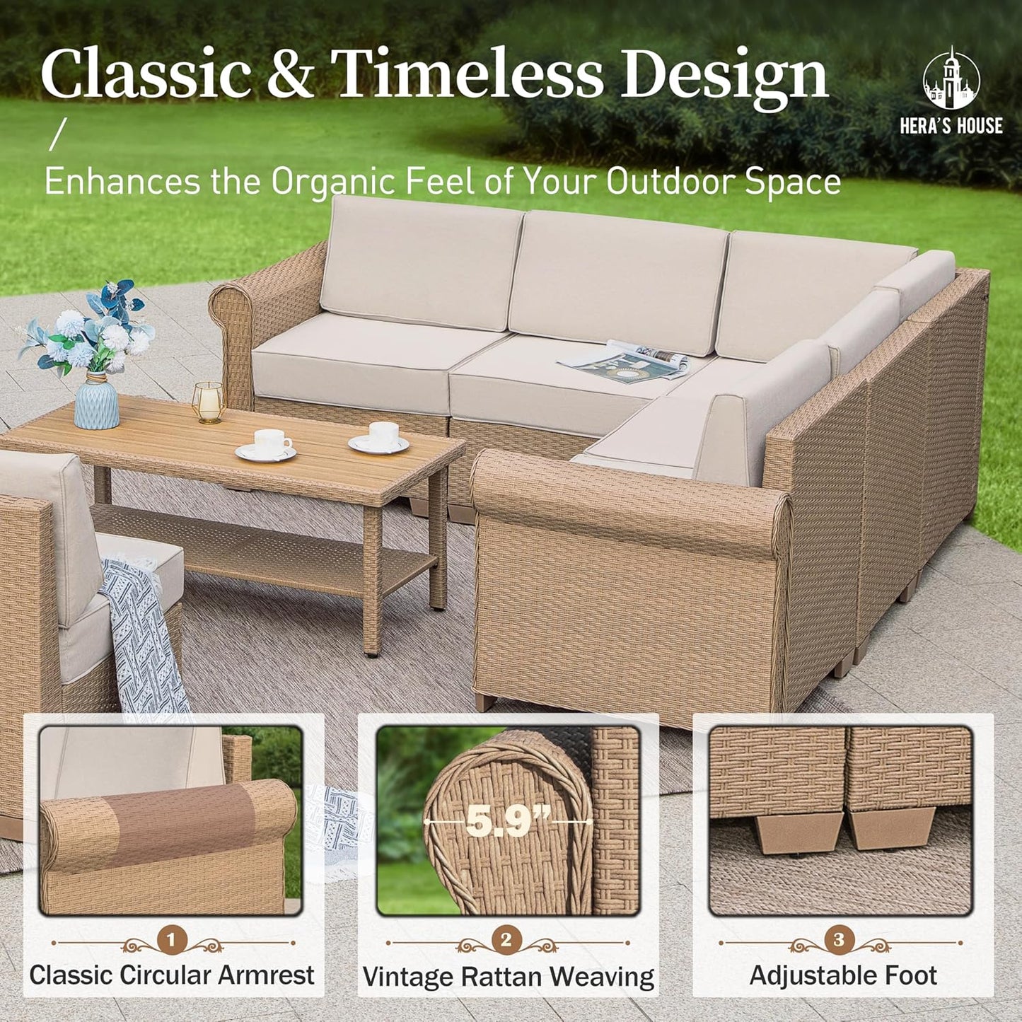 HERA'S HOUSE 6 Piece Patio Furniture Set, Outdoor Sectional Wicker Sofa with 44" Coffee Table, 5.5" Thick Waterproof Cushion All Weather 5 Seats Modular Conversation Couch Set for Garden Deck Backyard