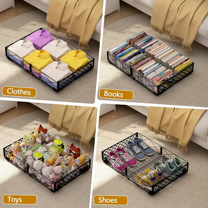NADAMOO Under Bed Storage with Wheels, 2 Pack Rolling Under Bed Storage Containers，Foldable Metal Under the Bed Organizer Bins for Bedroom Clothes Shoes Blankets