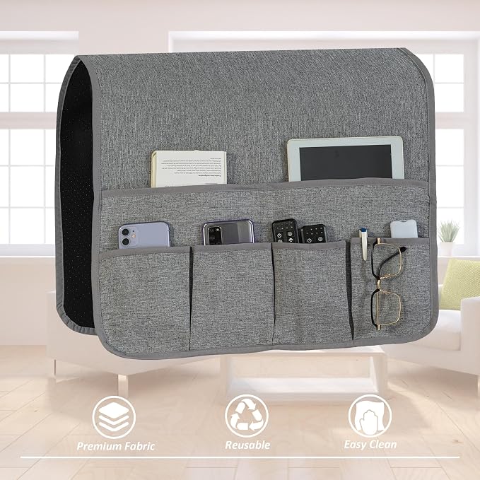 Faux Linen Armchair Caddy for Couch Remote Control Holder Non-slip Sofa Armset Organizer Caddy Storage for Recliner Couch 6 Pocket for Magazine 35"x19.5" Grey Linen 1 Piece