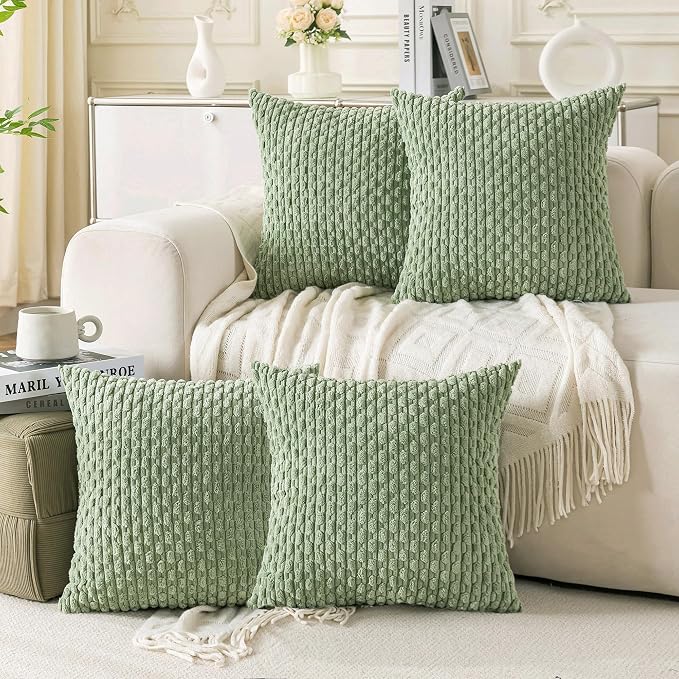 Set of 4 Sage Green Decorative Throw Pillow Covers 24x24 Inch Corduroy Pillow Covers for Bed Couch Sofa Living Room Soft Square Cushion Cases