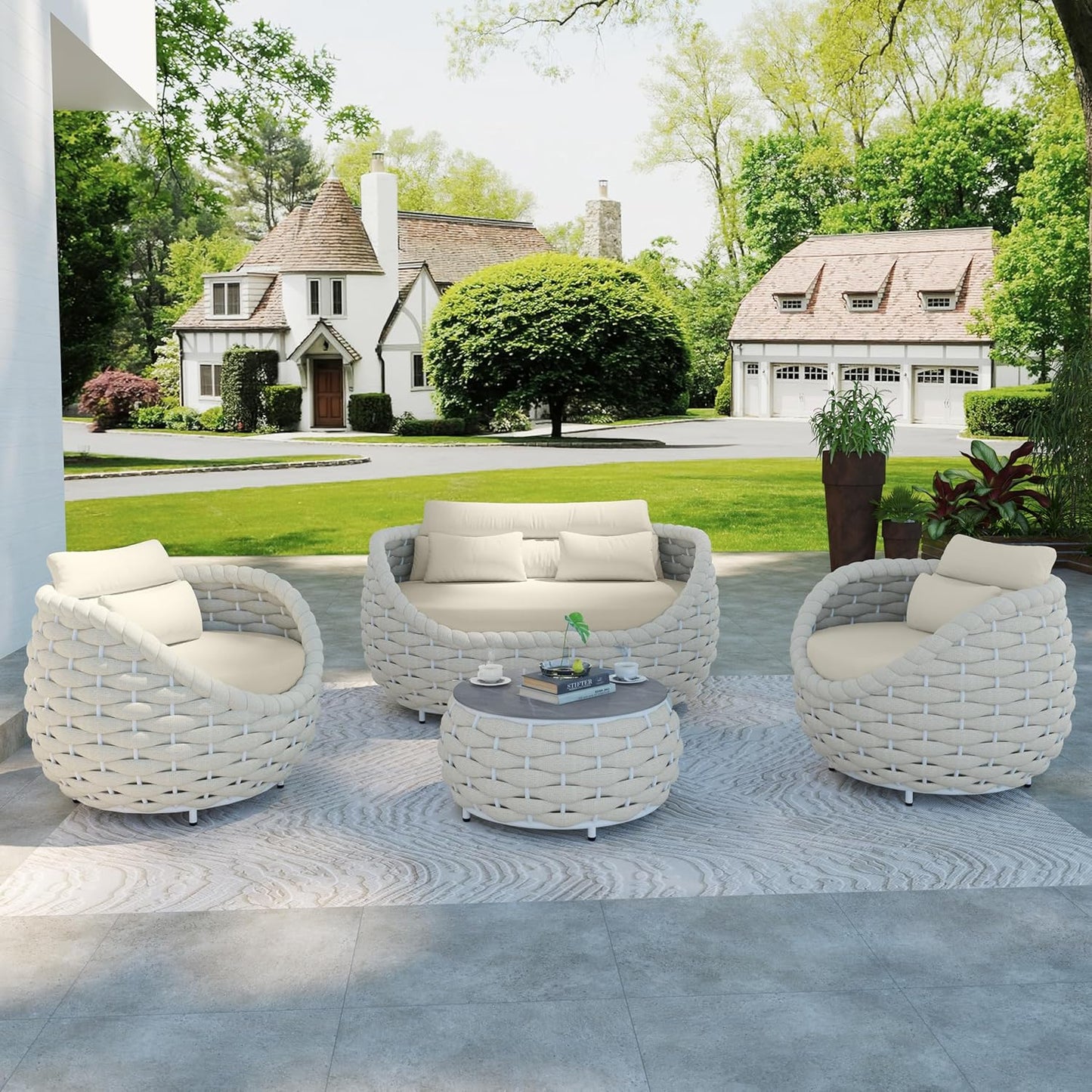 5-Piece Aluminum Patio Furniture Set, Olefin Rope Modern Outdoor Conversation Set Sectional Sofa with Water Repellent Thick Cushions and Coffee Table for Balcony, Garden, Beige